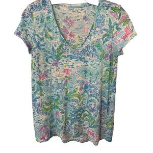 Lilly Pulitzer Etta V Neck Floral Shirt Top Womens XS Floral Island Summer Beach